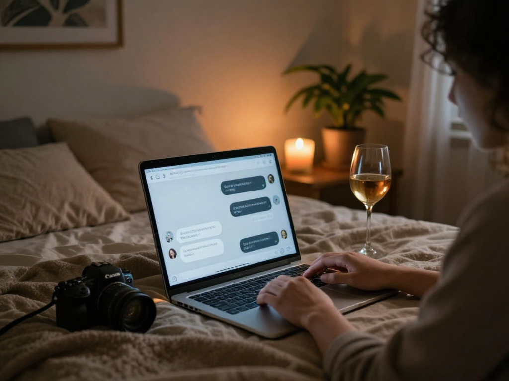 Engaging ai porn chat on a laptop in a cozy bedroom setting, inviting and intimate.