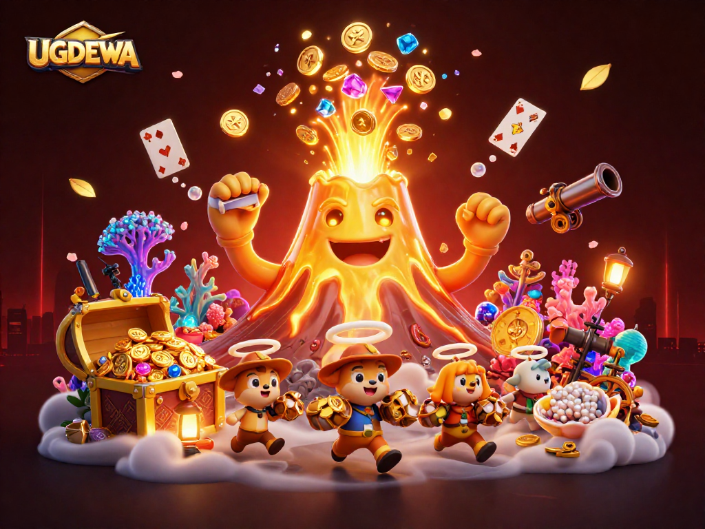 UGDEWA stands triumphant as a golden volcano erupts treasure in a lively casino scene.