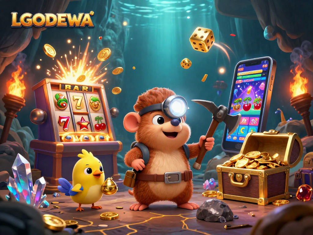 Engage with LGODEWA's vibrant 3D casino scene featuring a treasure hunter mole amidst jackpot excitement.