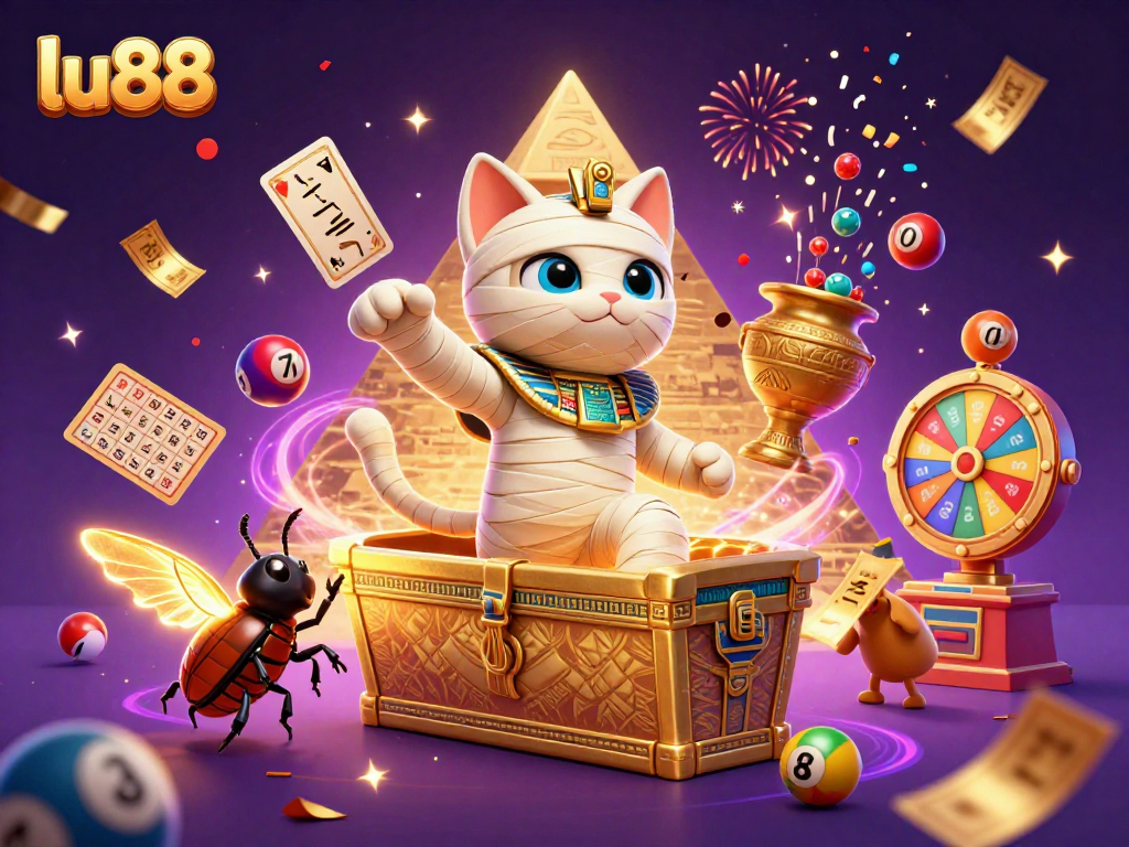 Experience exciting jackpots at lu88 with Egyptian-themed characters amid colorful casino elements.