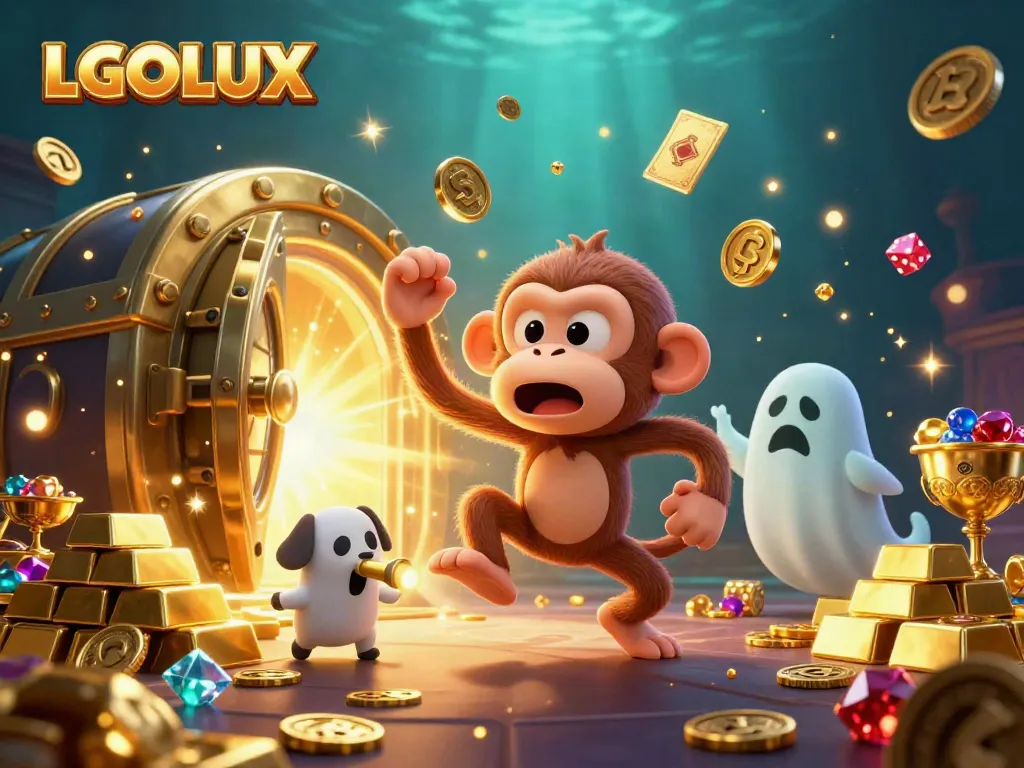 LGOLUX showcases a playful scene of a ghost-hunting puppy tracking a mischievous gambling spirit amidst golden treasures.
