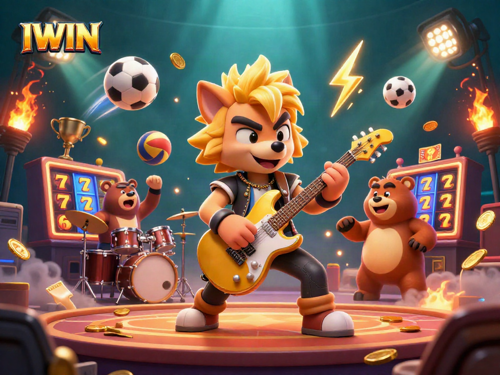 IWIN rock star wolf entertains in a vibrant live casino scene, showcasing excitement and winning potential.