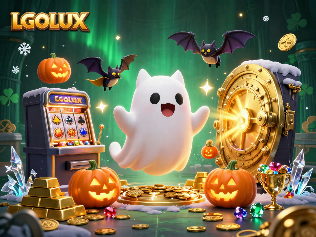 Experience thrilling wins at LGOLUX with a ghostly cat and vampire bat in a vibrant casino.
