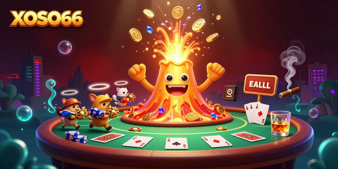Experience the thrill of XOSO66 with a cartoon volcano erupting coins, poker tables, and vibrant treasures.
