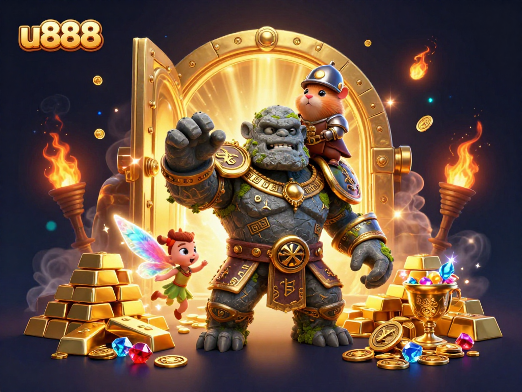 Engage in thrilling adventures at u888 with a magical scene showcasing a lively golem and enchanting elements, perfect for gamblers.