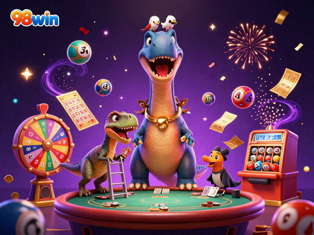 Experience the vibrant energy of 98win casino with a captivating 3D illustration featuring unique characters.