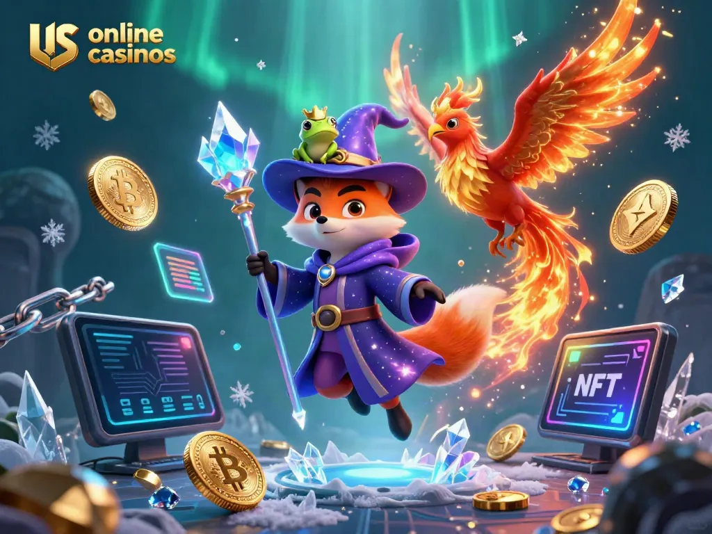 Engage with top us online casinos through a fantastical scene featuring a wizard fox and a phoenix.