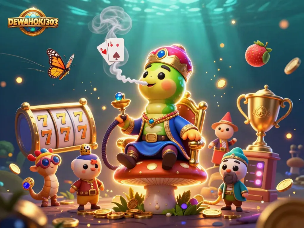 DEWAHOKI303 menghadirkan ilustrasi 3D menarik dengan simbol jackpot slot dan karakter permainan yang hidup.