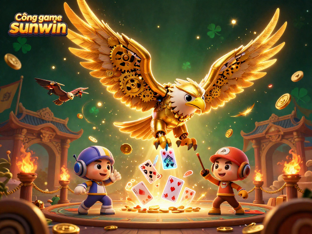 Experience the thrill of Cổng game sunwin with a dynamic scene featuring a cybernetic eagle amidst swirling casino elements.