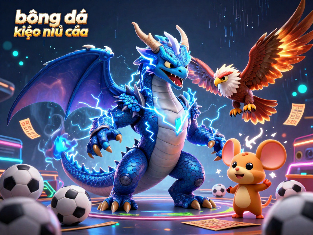 Bóng đá kèo nhà cái showcases dynamic sports betting elements with a thunder dragon, wind hawk, and electric energy.