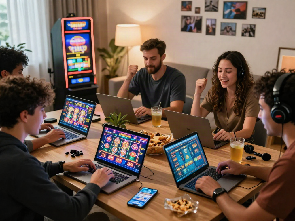 Exciting online gambling experience with players enjoying kebuntoto in a cozy living room.