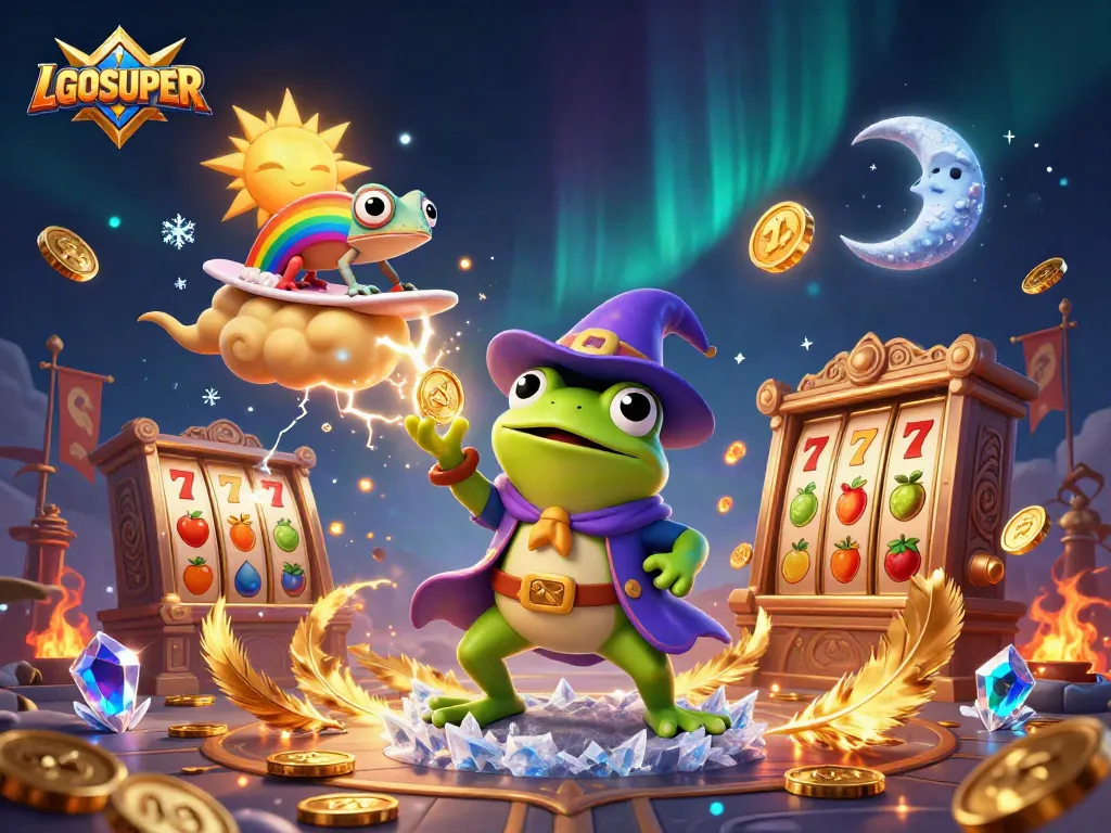 Experience thrilling gameplay with LGOSUPER's action-packed slot reels amidst a dazzling scene.