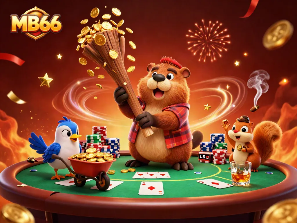 Experience thrilling wins with MB66 as the lumberjack beaver collects golden coins in a vibrant casino scene.