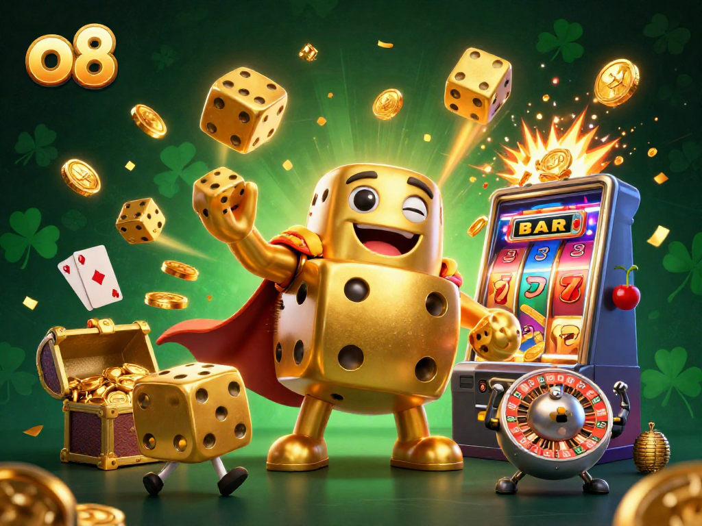 Spin the reels and win big at o8, with a vibrant casino scene full of golden dice and jackpot excitement.