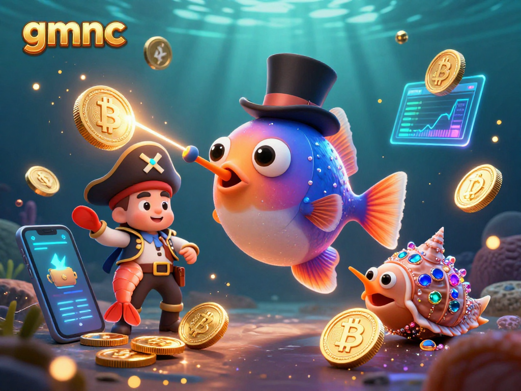 Engage with gmnc's vibrant underwater casino world featuring a glowing anglerfish attracting coins and crypto elements.