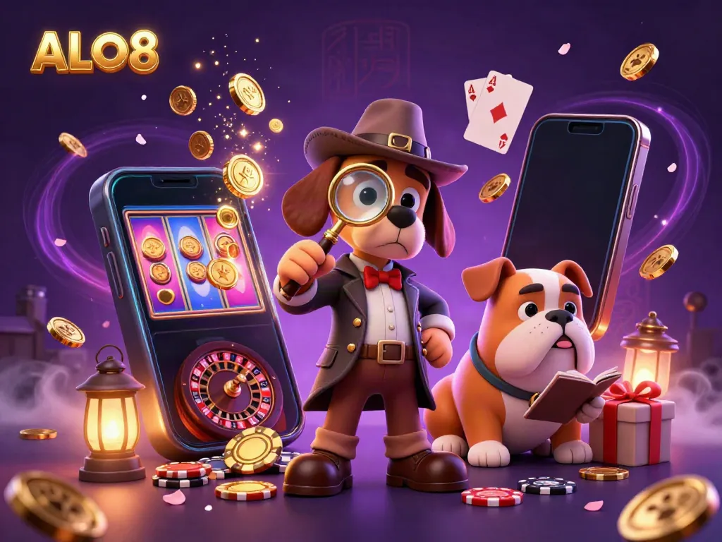 Uncover thrilling adventures with ALO8's gaming scene featuring a detective and casino elements.