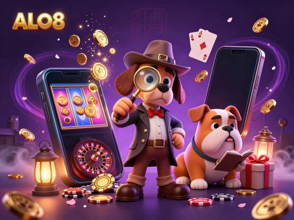 Uncover thrilling adventures with ALO8's gaming scene featuring a detective and casino elements.