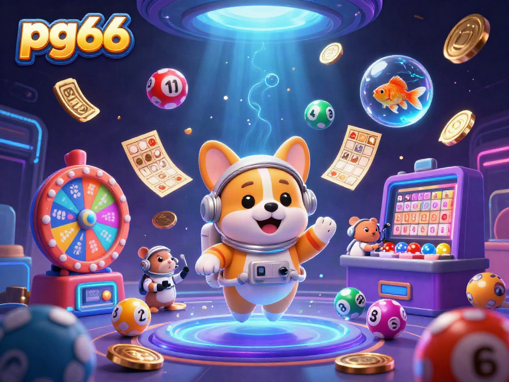 Experience playful gaming action at pg66 with floating characters in a vibrant, cosmic casino.