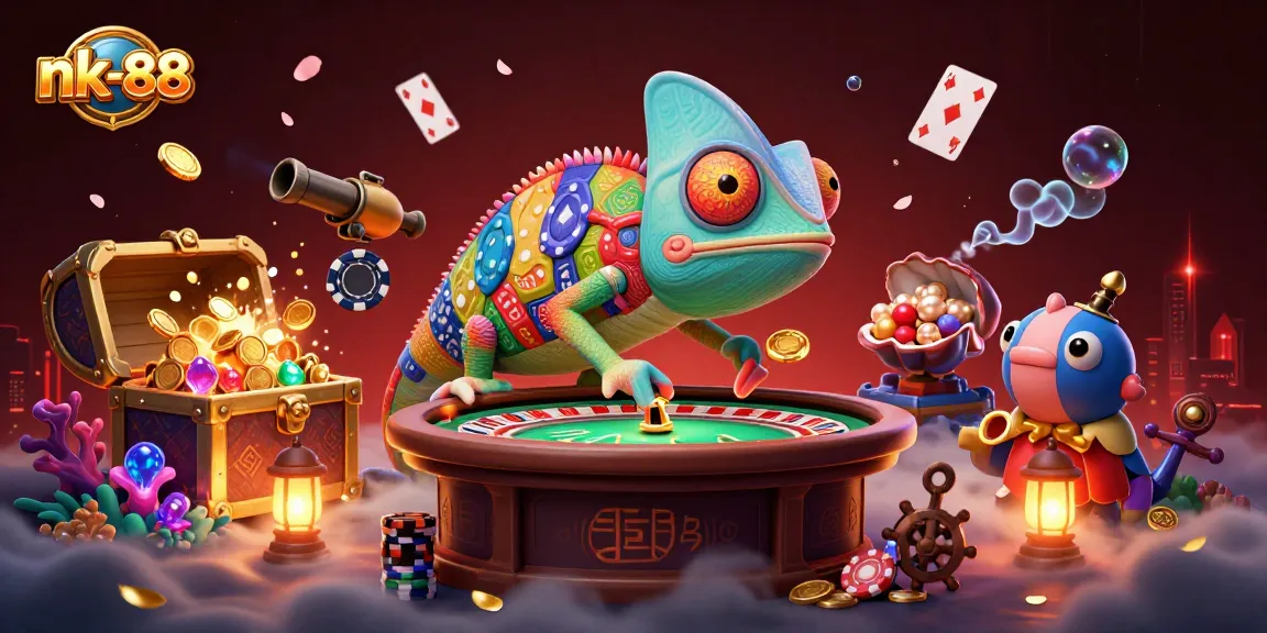 Engage with nk-88's vibrant chameleon casino owner amidst a treasure-filled casino scene
