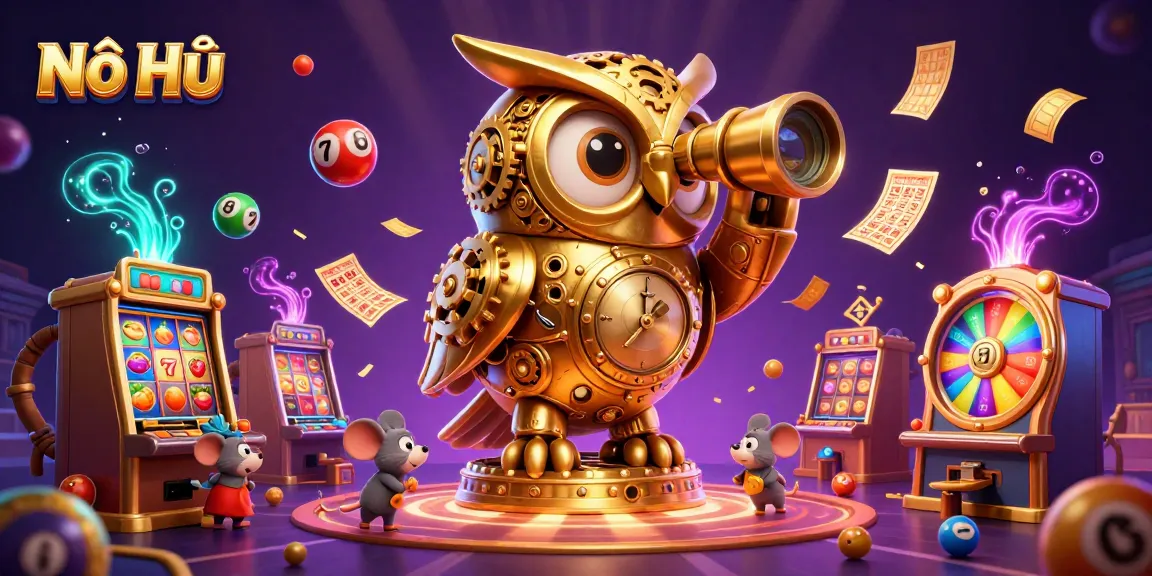 Nổ Hũ shows a lively casino scene with a golden owl and vibrant slot symbols.