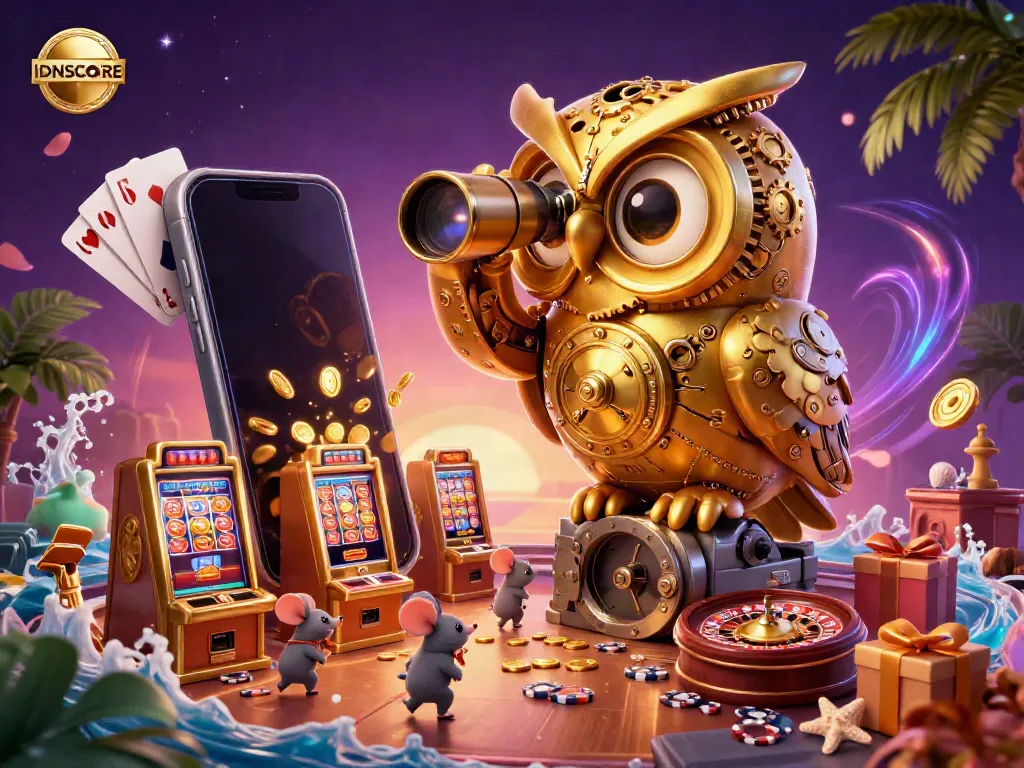IDNSCORE engages players with a vivid illustration of a casino scene featuring animated characters and dynamic game elements.