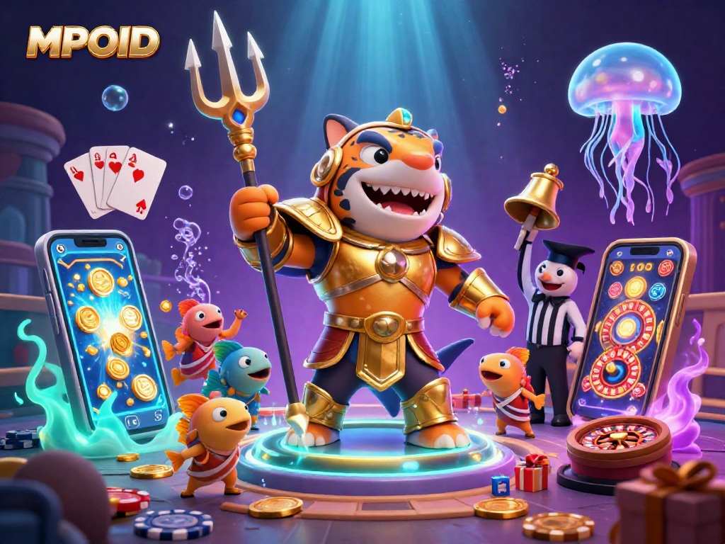 MPOID players engage in thrilling underwater slots, surrounded by an energetic scene with golden gladiators.