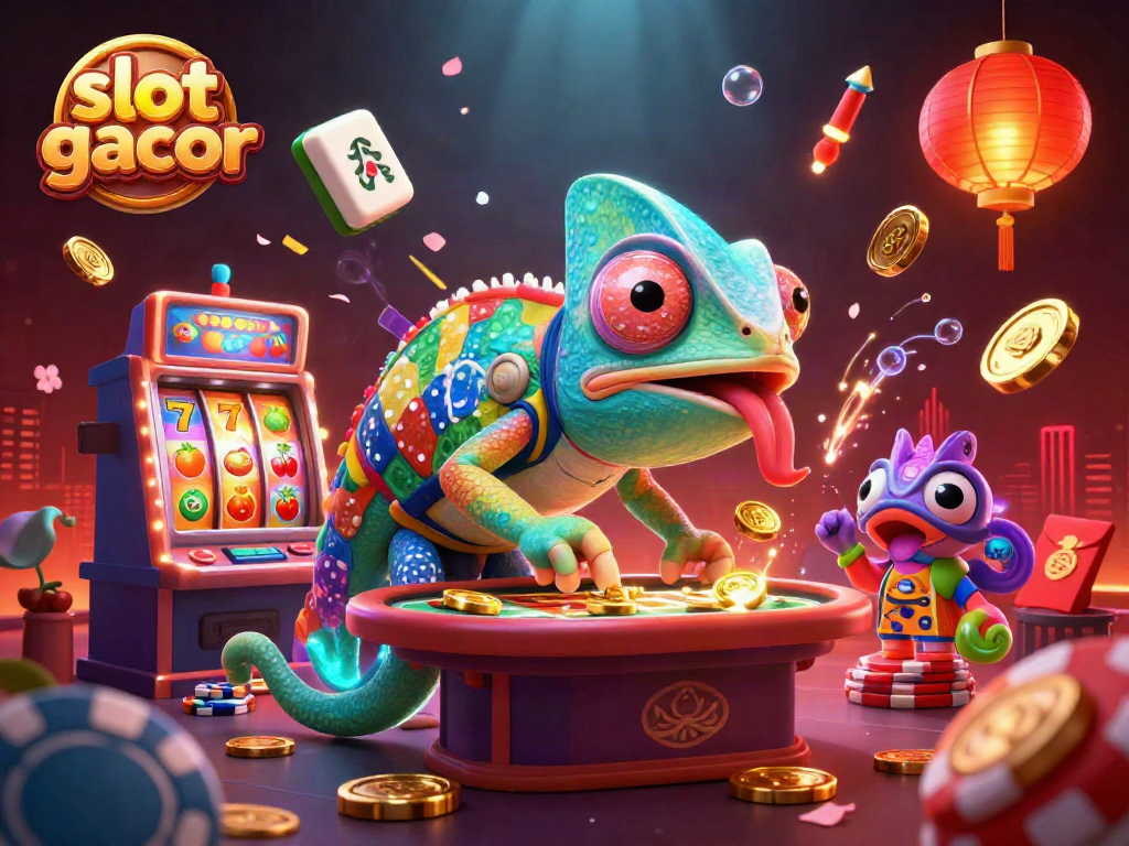 Experience the excitement of slot gacor with a vibrant 3D chameleon casino owner amidst colorful spinning reels and golden coins.
