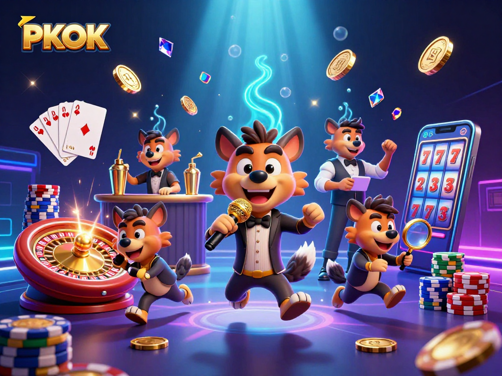 Join the excitement at PKOK with lively hyenas performing at a casino club, surrounded by casino elements.