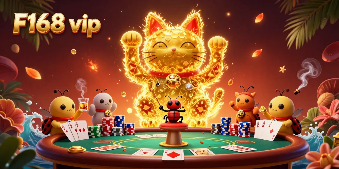 Experience F168 vip excitement with a vibrant scene of casino elements and a lucky cat!