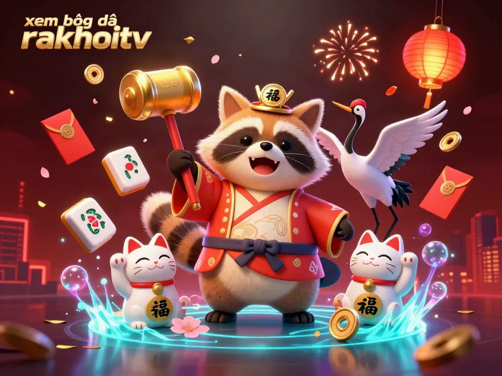 Experience xem bóng đá rakhoitv in a lively animated scene with fortune cats and festive elements.