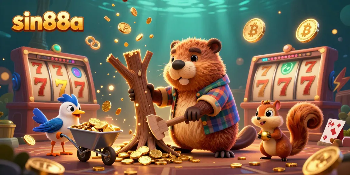 Experience the excitement of sin88a with a vibrant scene of a beaver, bird, and squirrel triumphantly engaging in a casino-themed adventure.