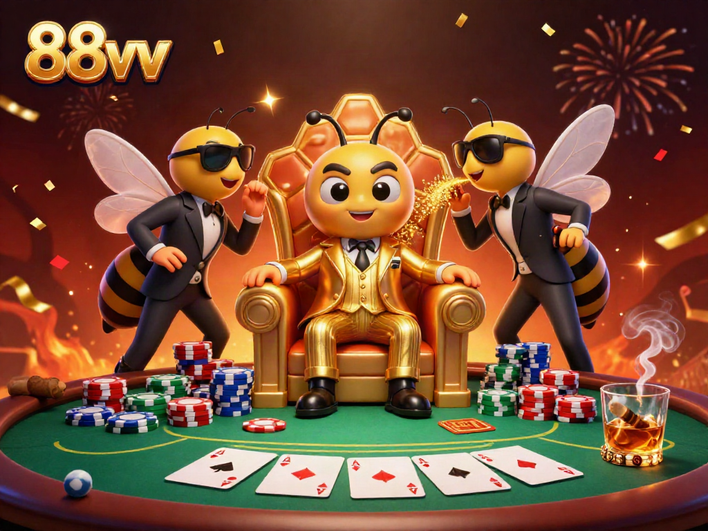 Experience the thrilling atmosphere at 88vv, where a bumblebee mob boss oversees a poker showdown with vibrant casino elements.
