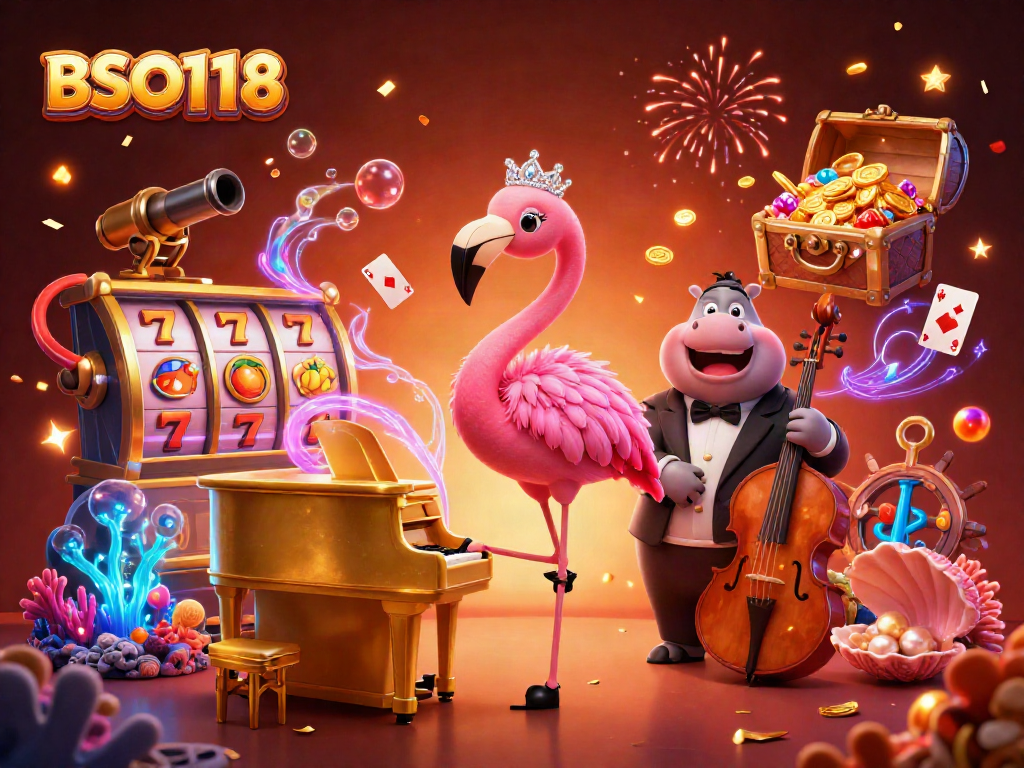 Sing along with BSO118's vibrant casino scene featuring a flamingo and hippo in action.