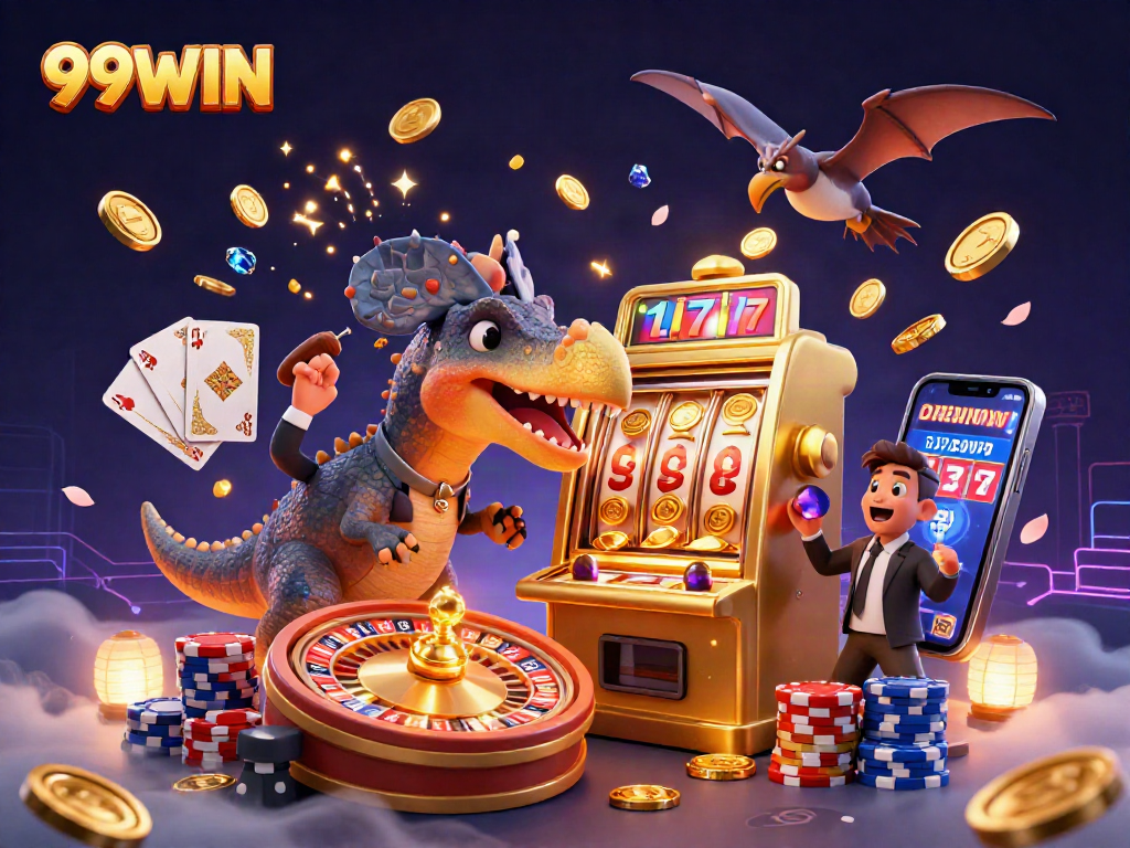 Experience 99WIN in a vibrant casino scene with animated characters and dynamic fun.