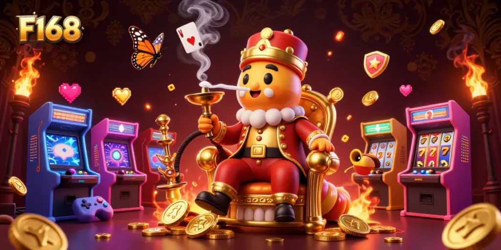 Experience F168's exciting casino world with vibrant slot themes and characters enjoying gameplay.