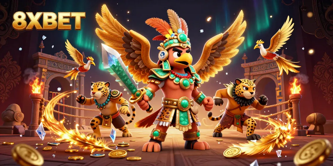 Experience thrilling gaming action with 8XBET in a vibrant 3D casino scene featuring Aztec warriors and gold.