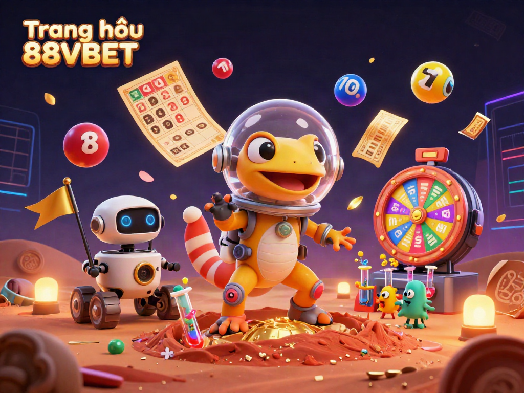 Engage with Trang chủ 88VBET's vibrant 3D casino scene featuring a Martian gecko and lottery elements.