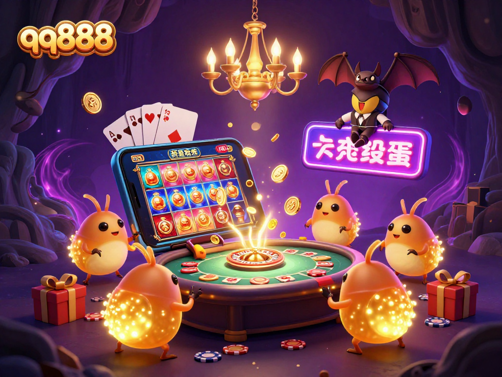 Experience the excitement of qq888 at a vibrant cave casino, illuminated by glowworms and interactive gaming elements.
