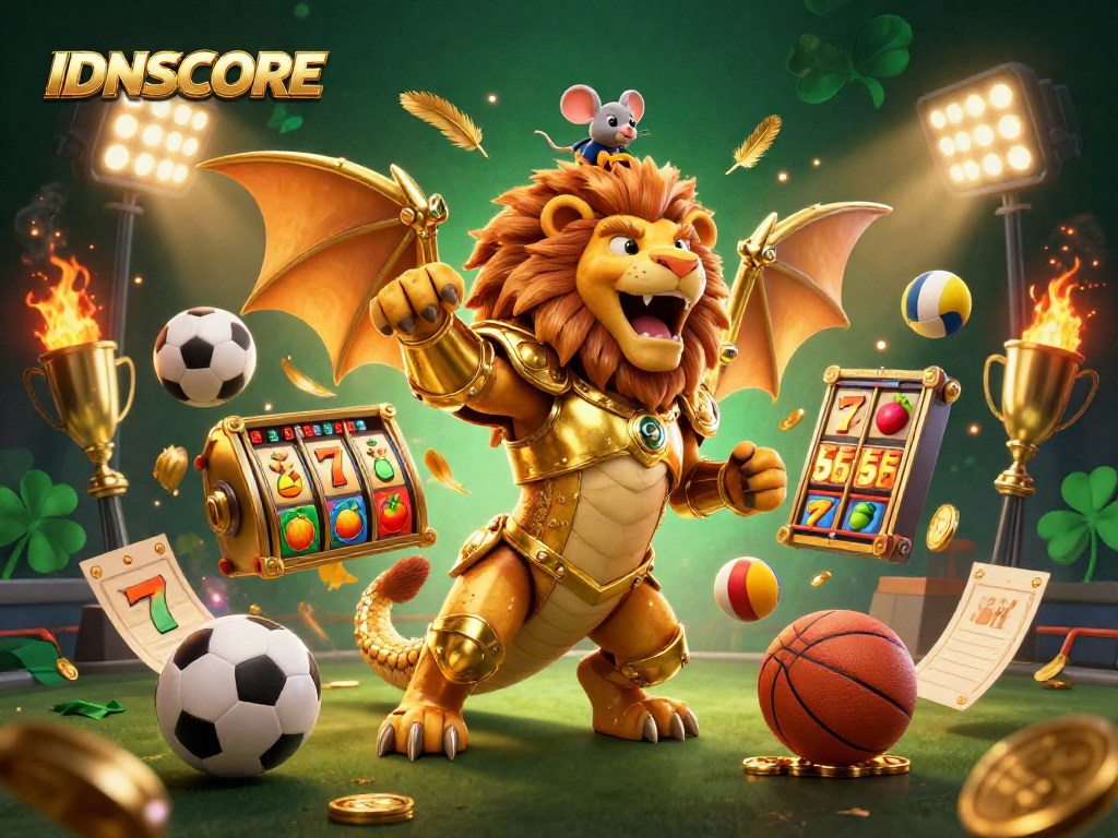 Engage with IDNSCORE's thrilling slots and rewards, featuring a golden chimera and vibrant game elements.