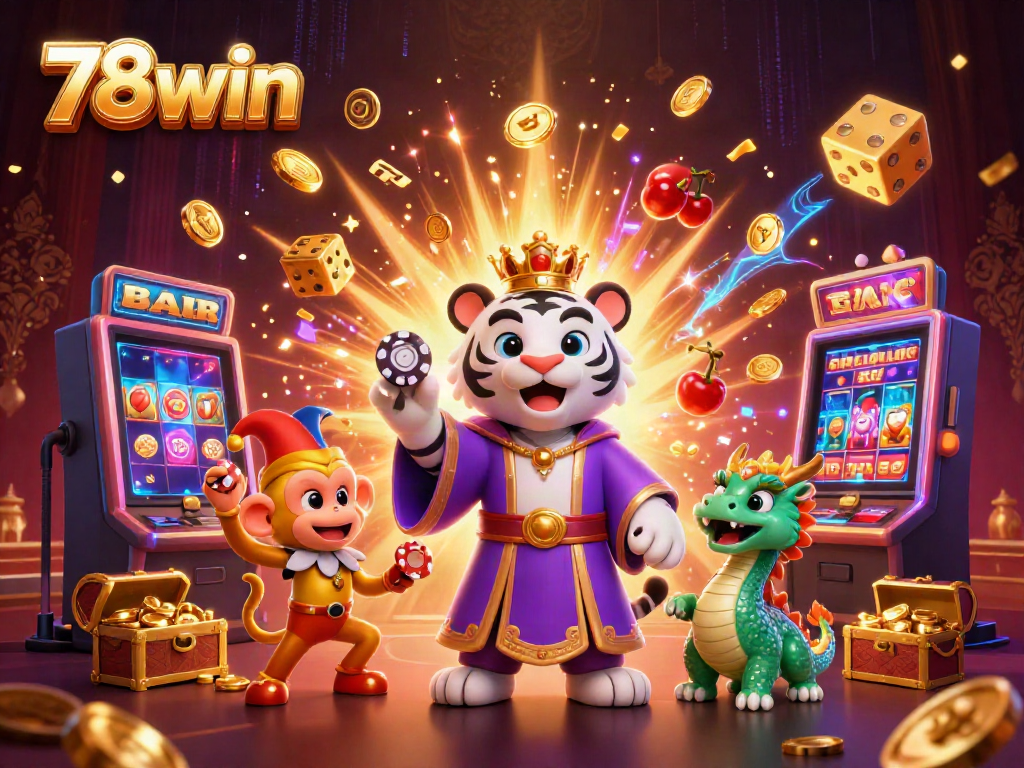 Experience the excitement at 78win with a dynamic casino illustration featuring a majestic white tiger, playful monkey, and jade dragon.