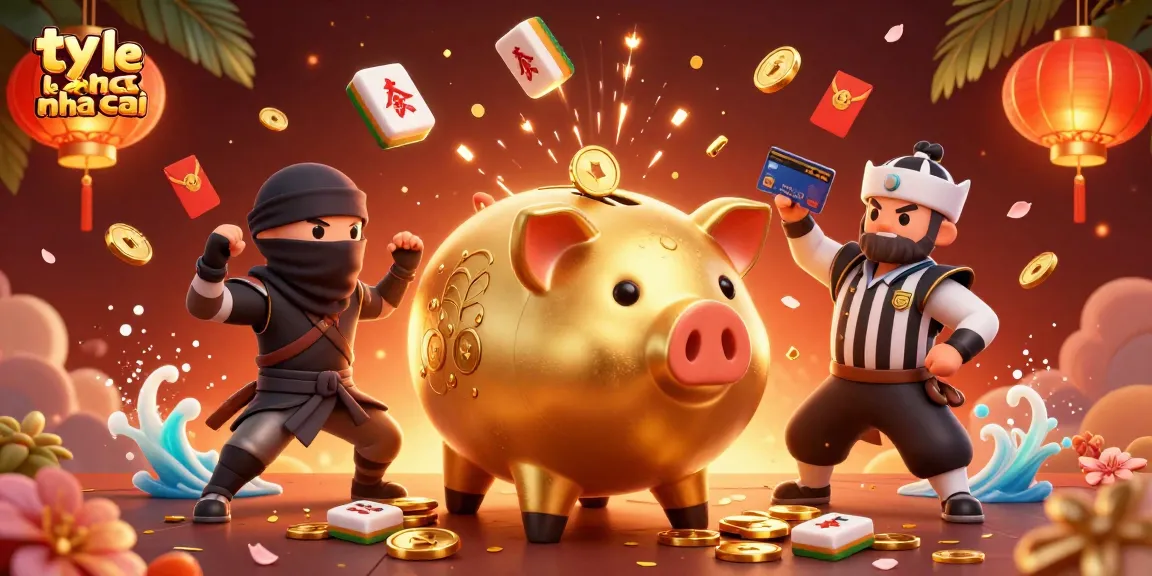 Experience the excitement of "ty le keo nha cai" as a golden piggy bank wrestler shakes coins, surrounded by vibrant casino elements.