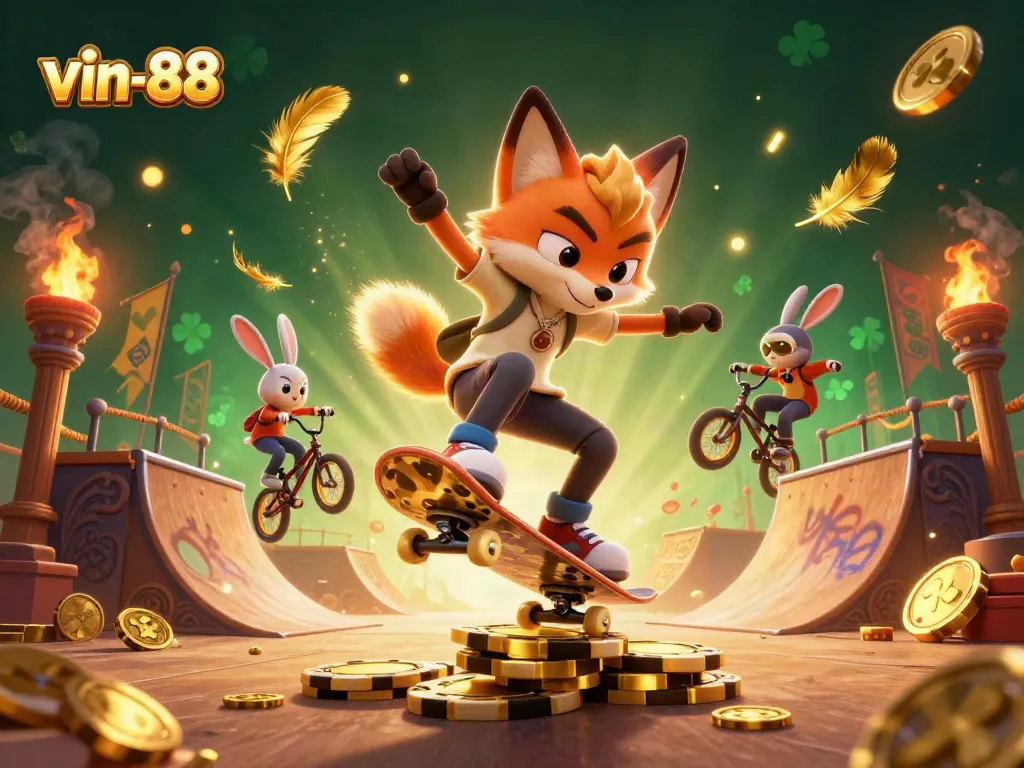 Experience thrilling wins at vin-88 with a vibrant casino scene featuring playful characters.