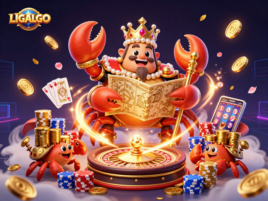 LIGALGO's vibrant casino illustration showcases a golden crab emperor amidst sparkling gems and coins, enhancing the gaming experience.