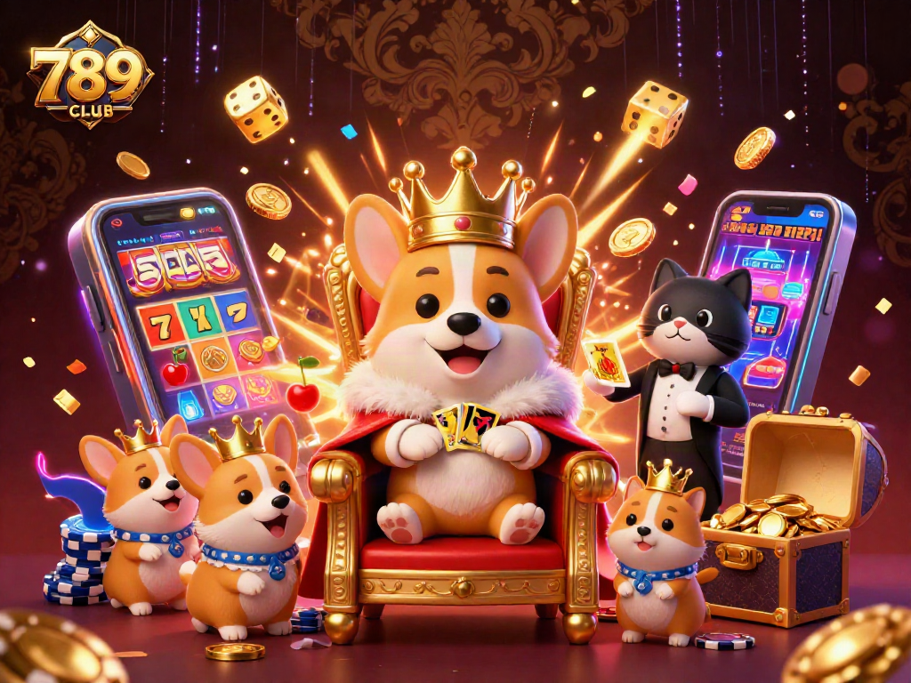 Join the excitement at 789CLUB with a royal corgi on a throne of poker chips and jackpot wins.