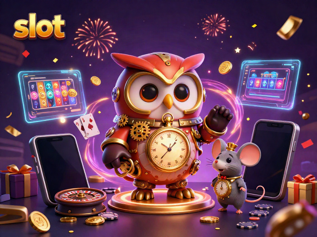 Engage with thrilling slot machines in a vibrant 3D casino scene featuring steampunk characters and dynamic game elements.