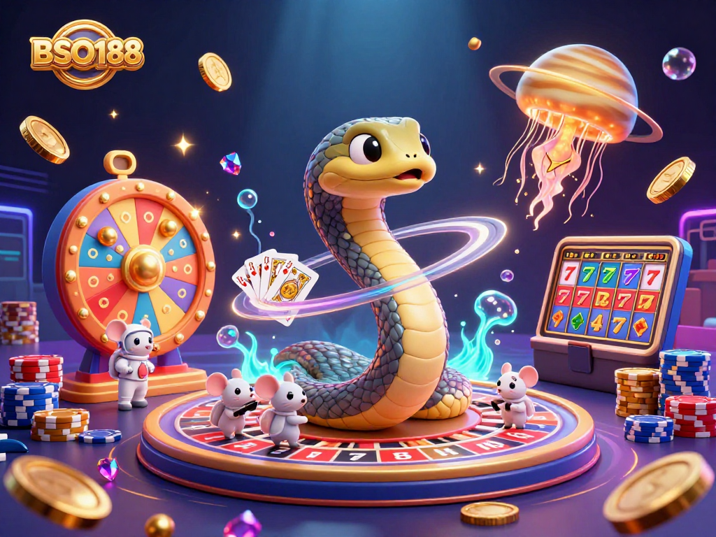 Experience BSO188's vibrant lottery scene with cosmic dealers and playful astronaut mice betting on colorful prizes.
