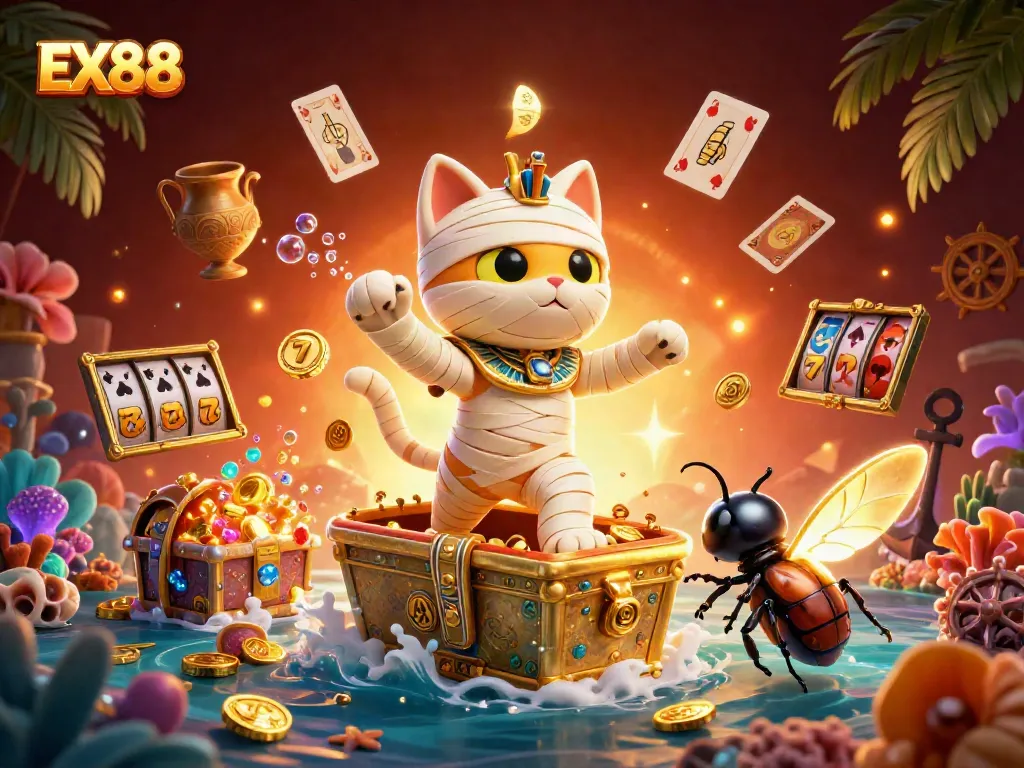 Experience excitement with EX88 in a vibrant casino scene featuring an Egyptian mummy cat and golden treasures.