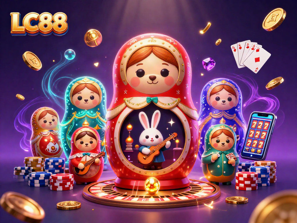 Experience thrilling gaming action with LC88 in this vibrant 3D casino scene featuring colorful characters.