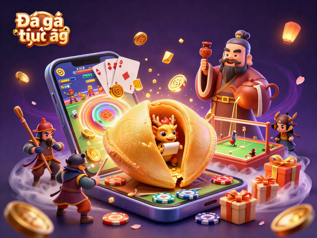 Engaging 3D illustration showcasing Đá gà trực tiếp with a dragon and fortune cookie, symbolizing cockfighting strategy.