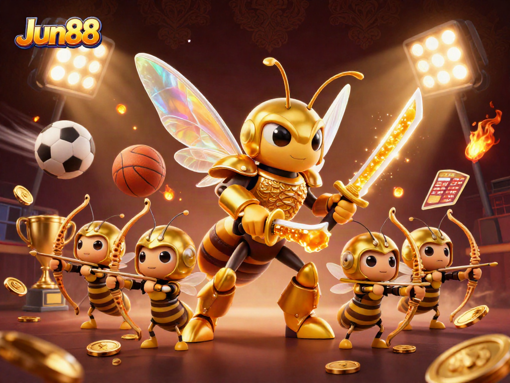 Bet with Jun88 and experience an energetic scene of a samurai hornet amidst thrilling sports elements.